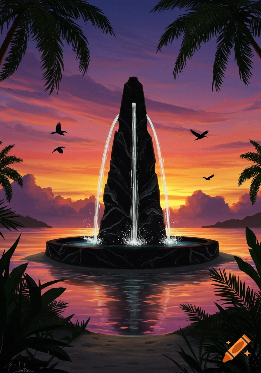 An ornate black fountain in a tropical bay at sunset, framed by palm trees. The sky glows with orange, pink, and purple hues reflected on the water.