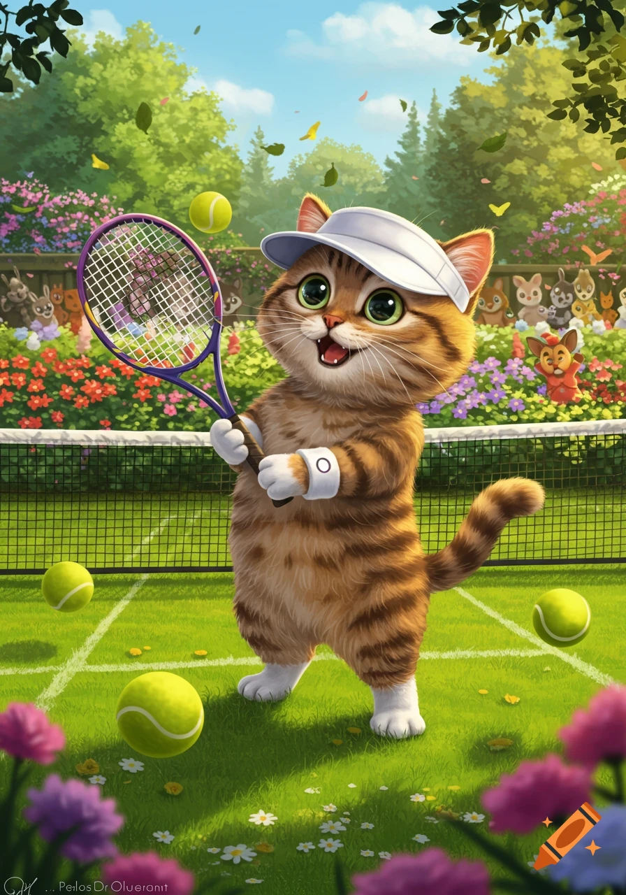 A cute cartoon tabby cat in a visor holds a tennis racket on a green court with tennis balls, surrounded by flowers and trees.