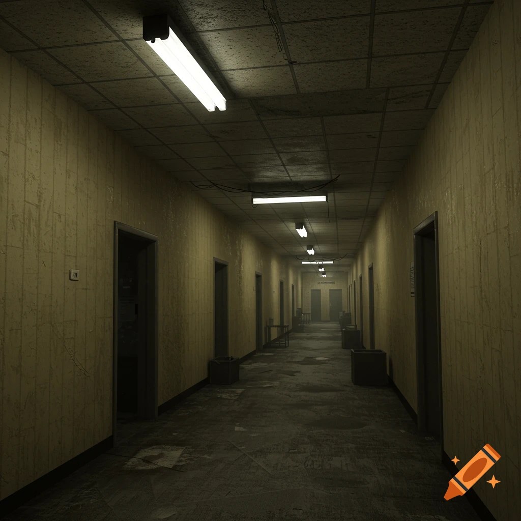 A long, dimly lit, desolate hallway with grimy walls, dirty floor, and fluorescent lights stretching into the distance in a photorealistic style.