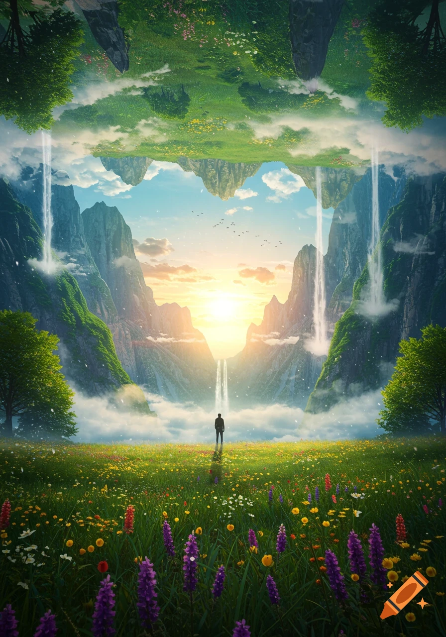 A person stands in a vibrant field of wildflowers looking at an inverted valley with soaring mountains, multiple waterfalls, and a bright sunset sky.