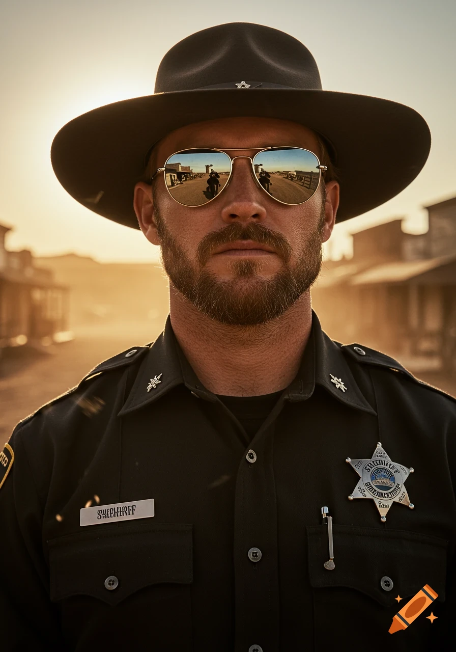 Close-up of a sheriff in a uniform and hat with aviator glasses, standing in a dusty Western town at sunset.