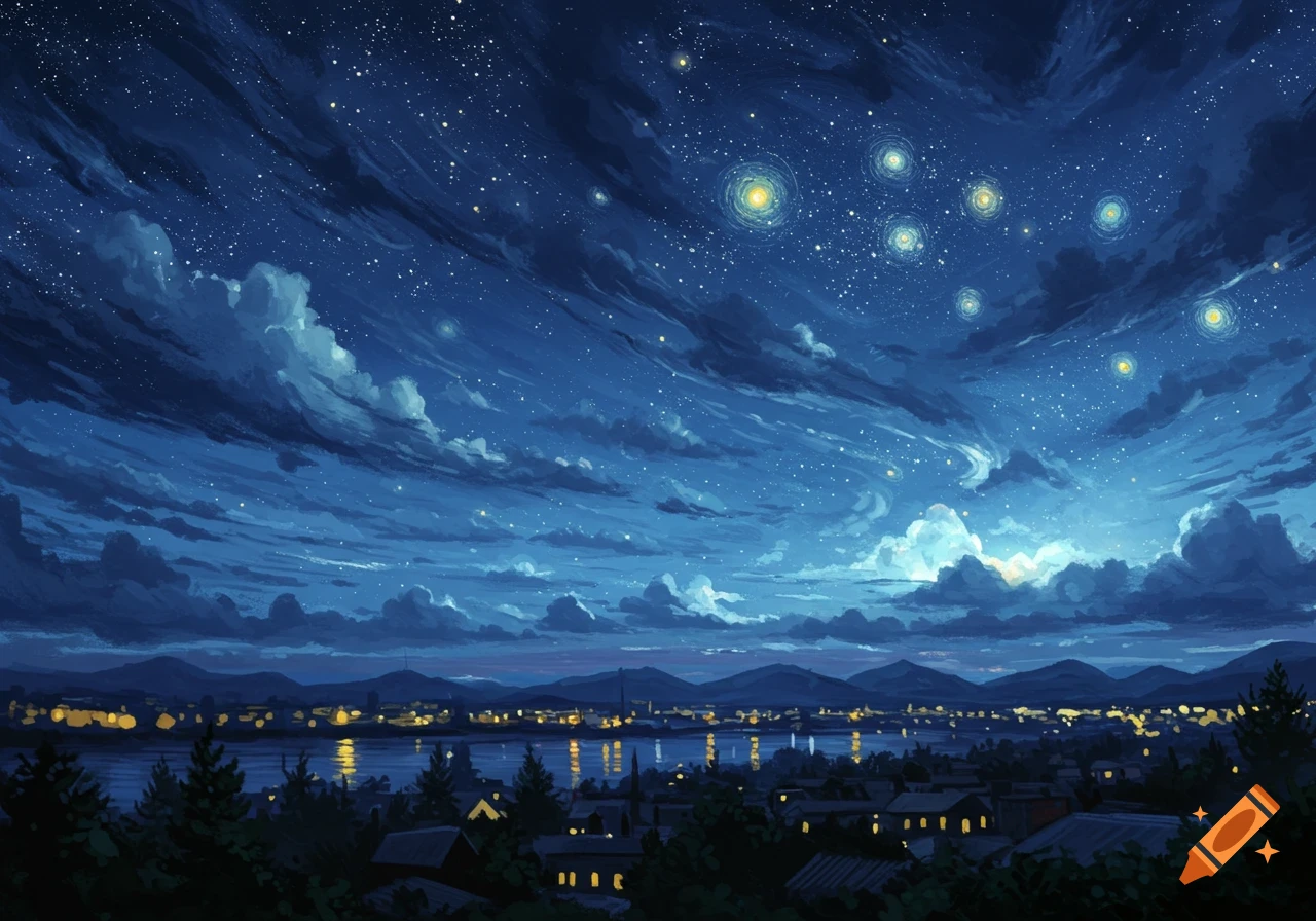 A stylized night landscape painting of a city with illuminated buildings along a river, under a dark blue sky filled with swirling clouds and bright, prominent stars.
