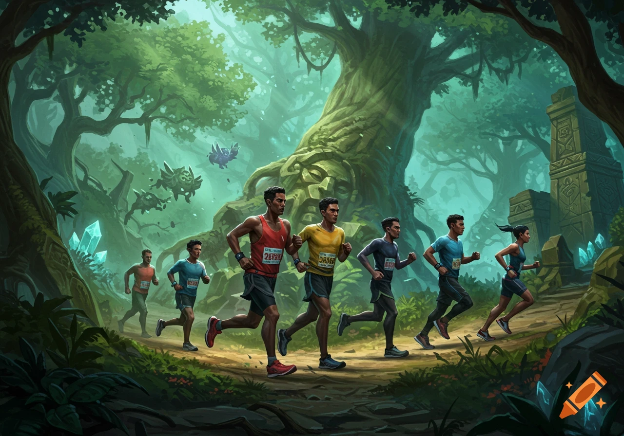 A group of runners races through a vibrant, stylized jungle with ancient ruins, glowing crystals, and a large tree with a carved face.