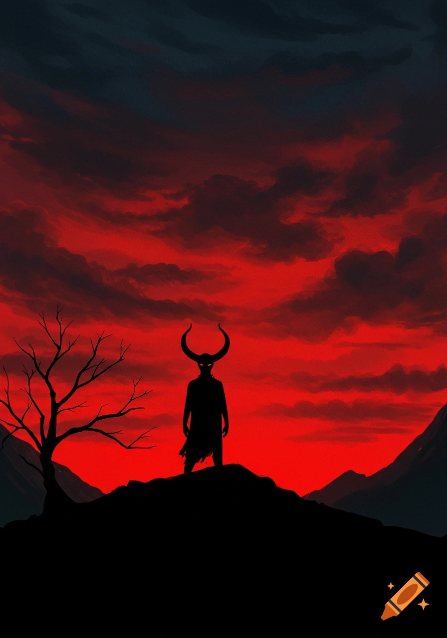 A horned silhouette with glowing red eyes stands on a dark hill against a vibrant blood-red and black sky, with a bare tree.