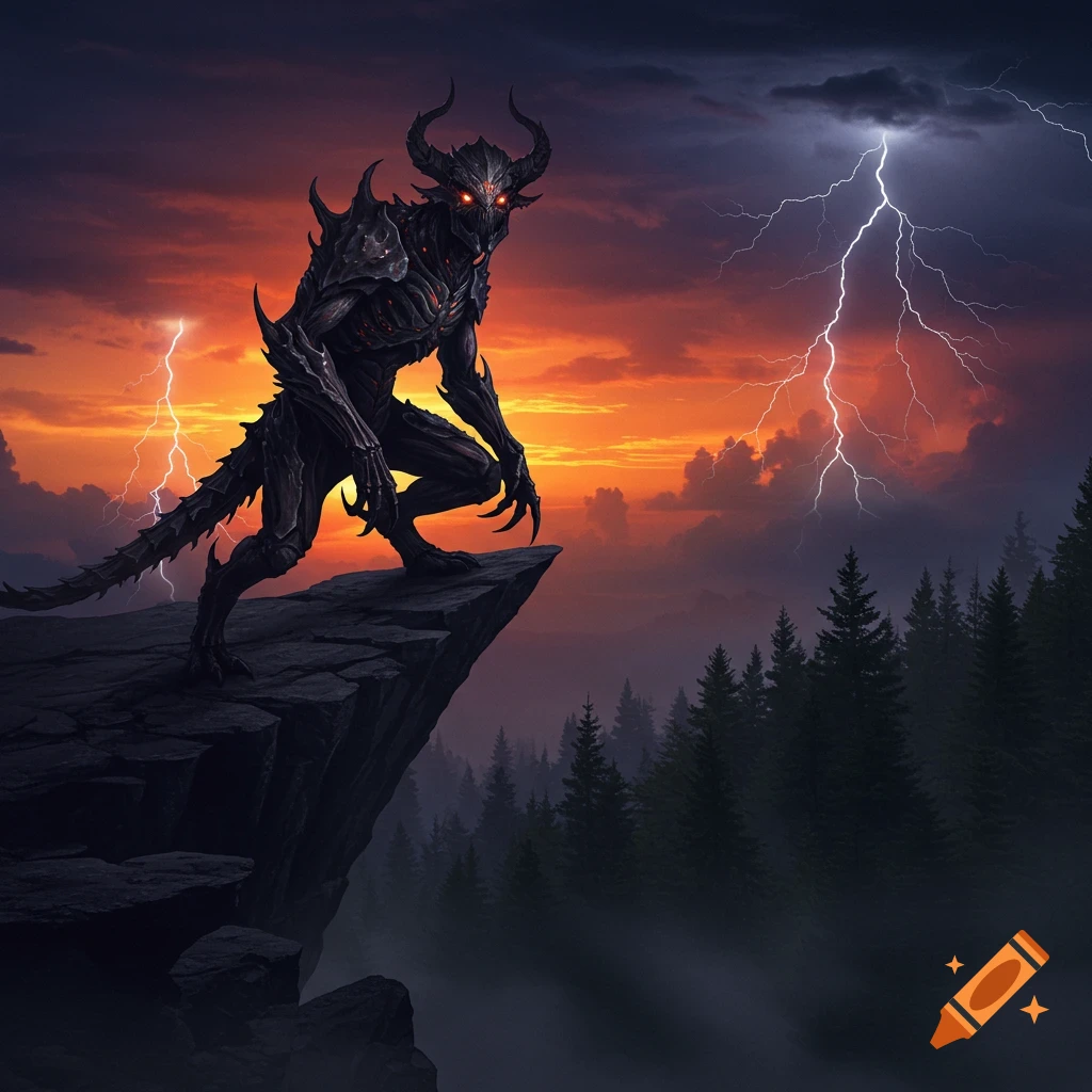 A horned demonic creature with glowing red eyes crouches on a cliff edge under a stormy sunset sky with lightning over a forest.