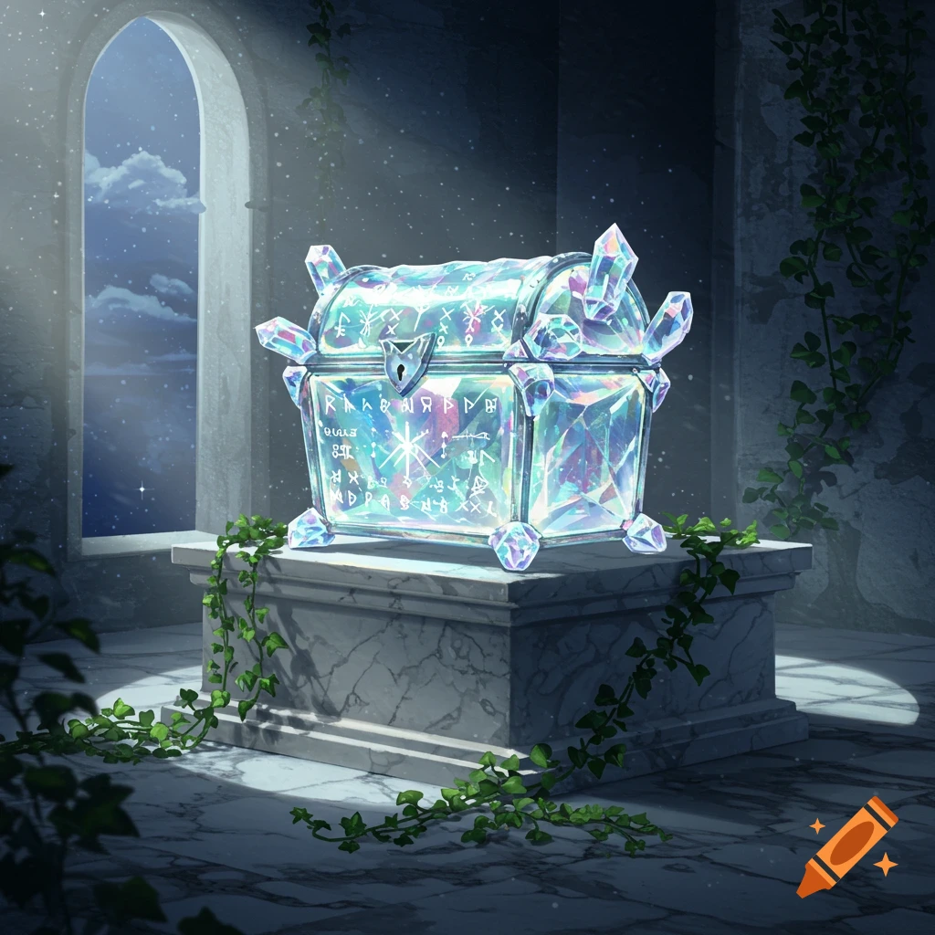 A glowing, iridescent crystal treasure chest with runes sits on a marble pedestal in an old stone room with an arched window to a starry night.