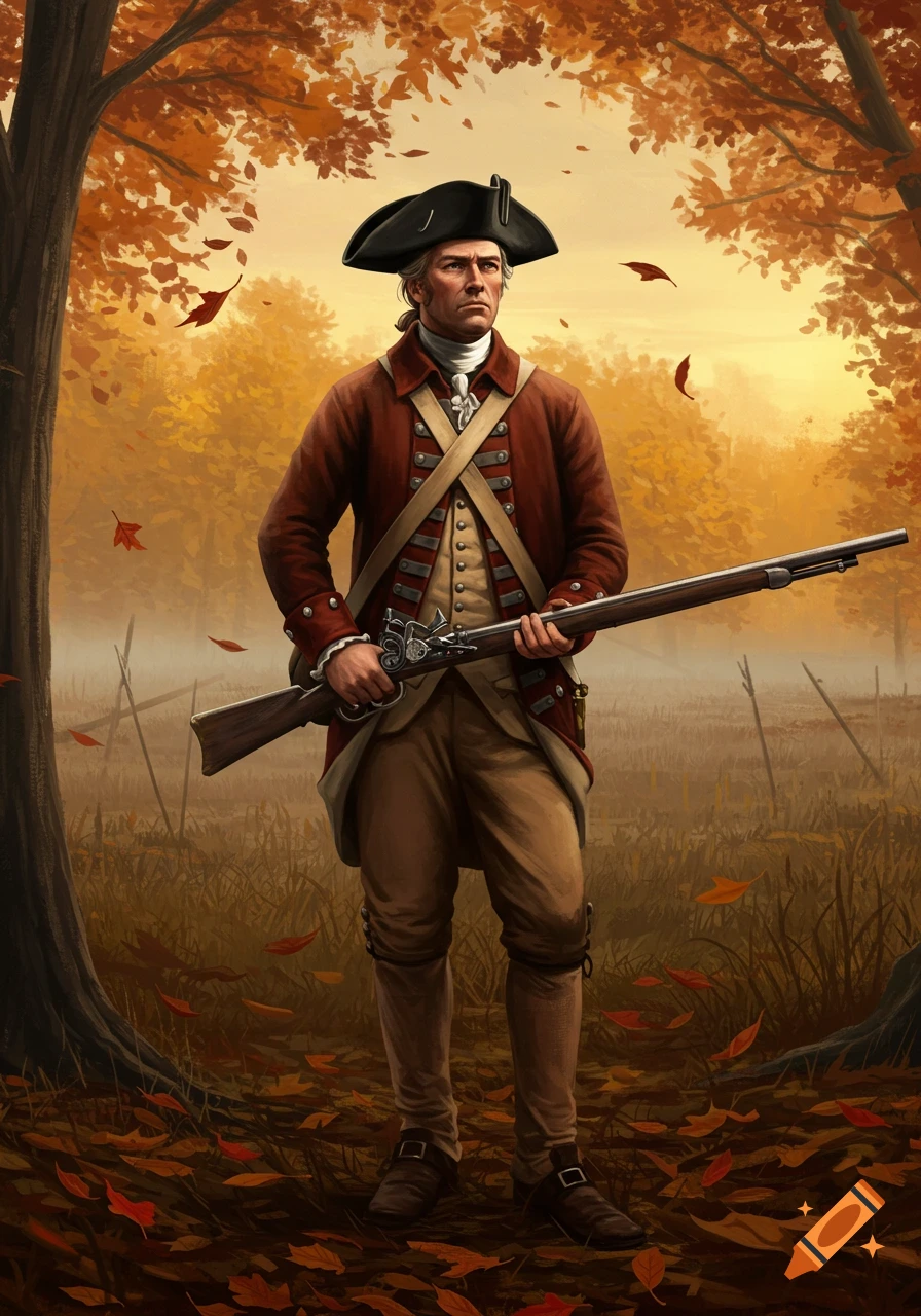 A Minuteman in a red coat and tricorn hat stands holding a rifle in a vibrant autumn forest.