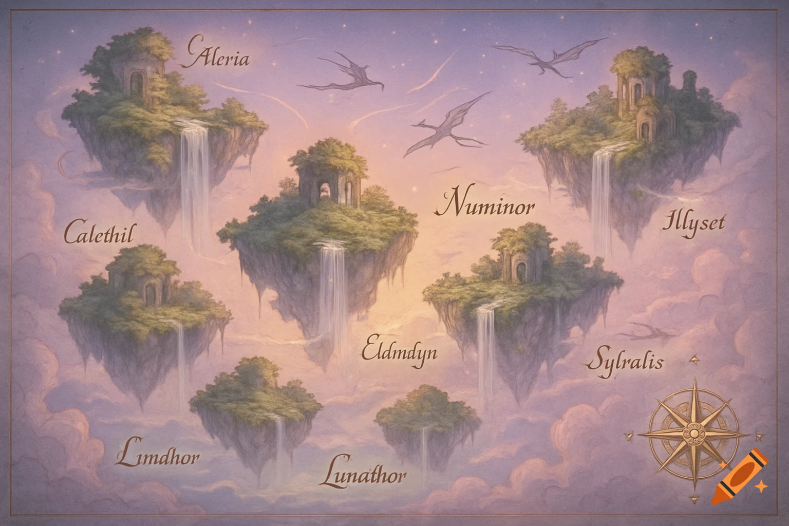 Fantasy map illustration of floating islands with waterfalls and ancient structures, named Aleria, Numinor, Calethil, under a pastel sky with flying creatures.
