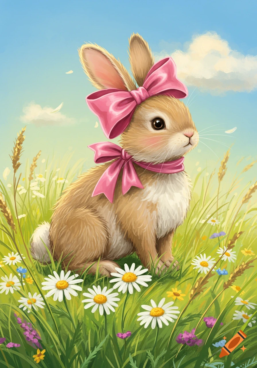A cute brown rabbit with a pink bow sits in a field of green grass and white daisies under a blue sky, in an illustration style.