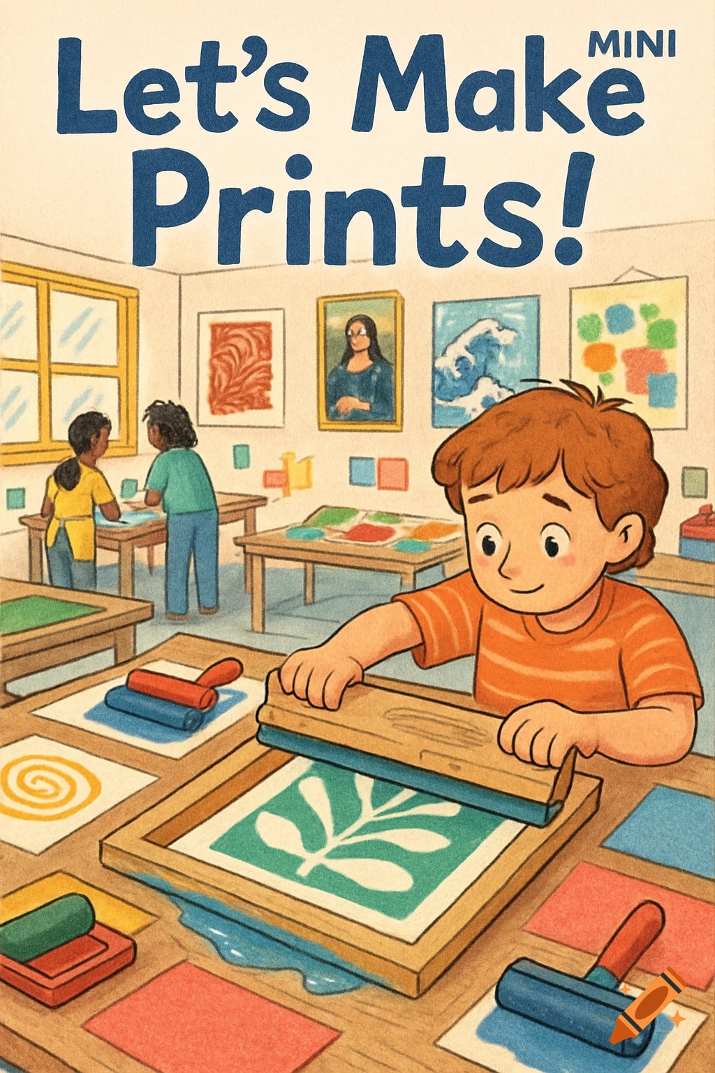 Cartoon illustration of a boy screen printing in an art class with other children, text reads 'Let's Make Prints! MINI'.