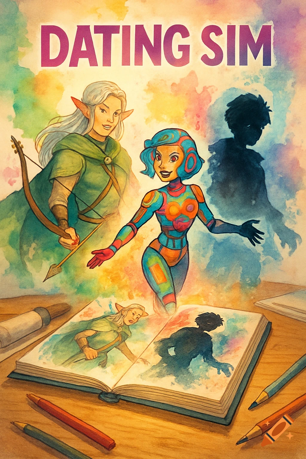 A vibrant watercolor illustration depicting an elf archer and a robot character emerging from a sketchbook. The text 'DATING SIM' is at the top.