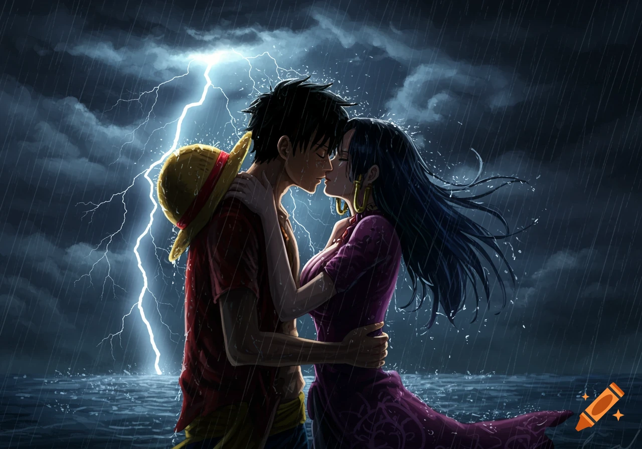 Anime characters Luffy and Hancock kiss passionately in the pouring rain, illuminated by a bright lightning strike.