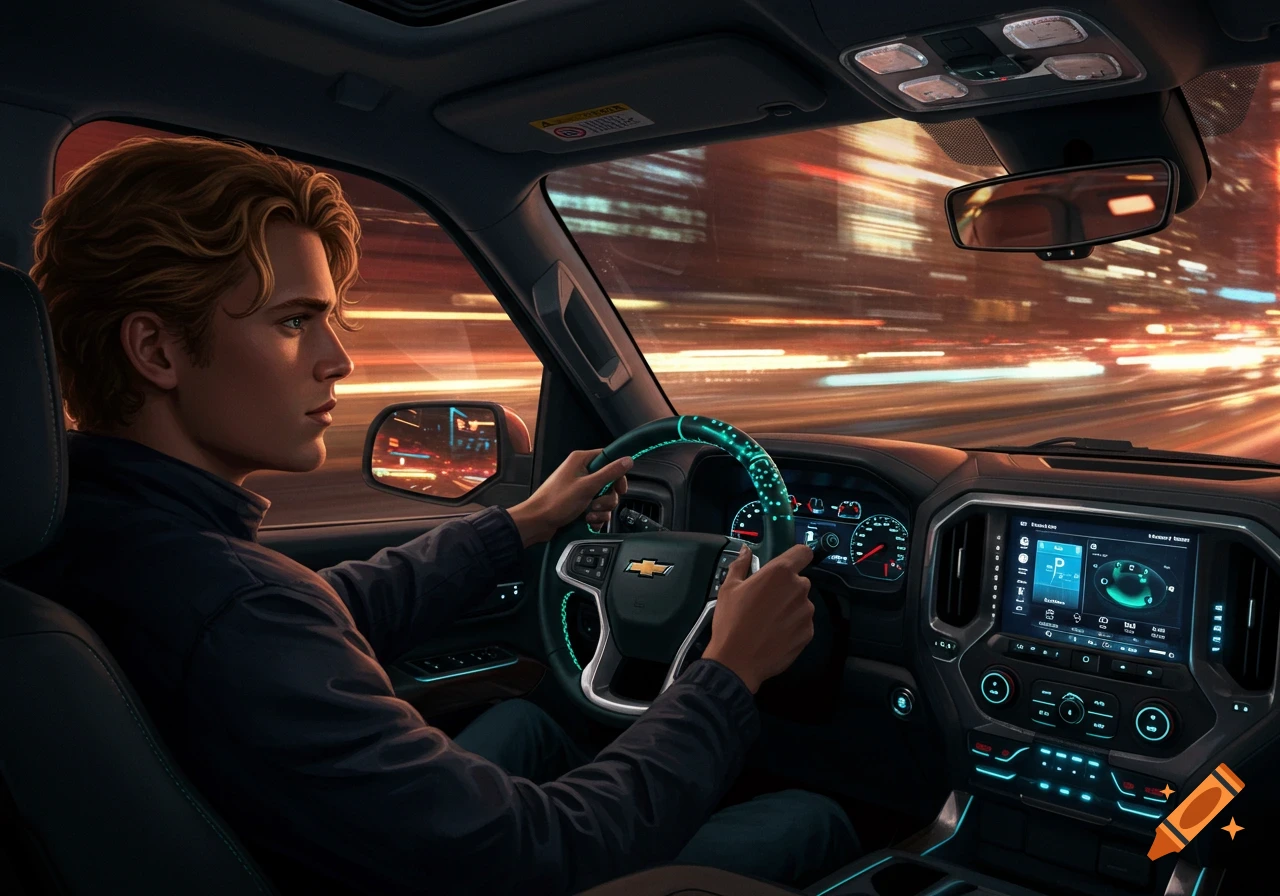 A blonde man with blue eyes drives a truck at night, seen from the passenger side cabin. The steering wheel glows green with neuralink patterns, and city lights blur in the background.