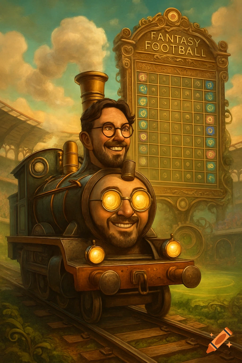 A smiling man's head forms the body of a train, with another face on the front. A 'FANTASY FOOTBALL' scoreboard is in the background.