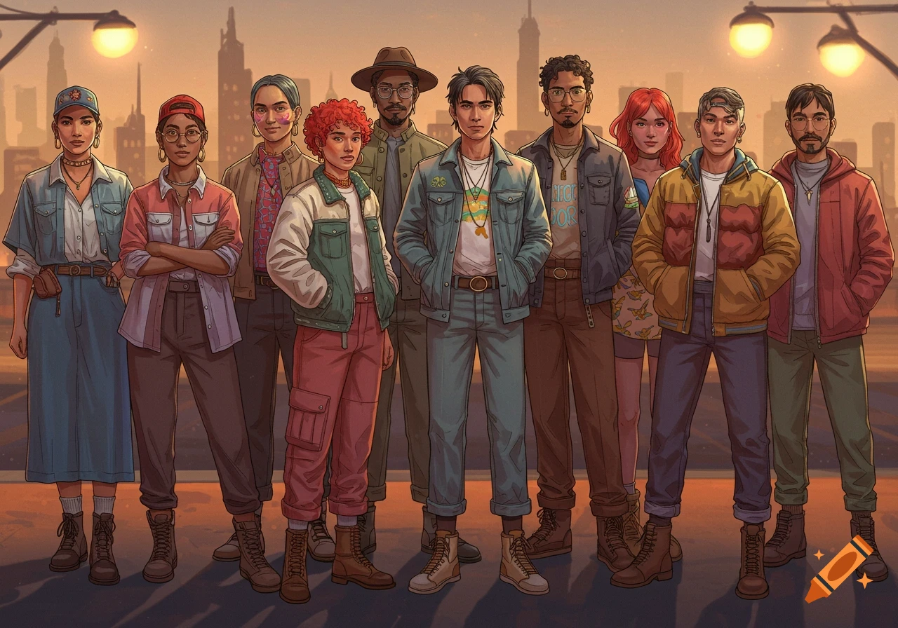 An illustration of a diverse group of young adults in casual streetwear standing on a city street at sunset.
