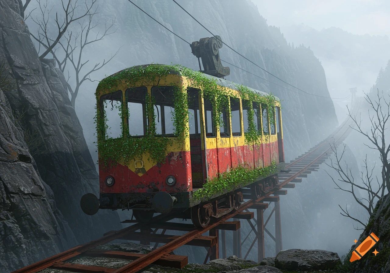 An abandoned, rusty red and yellow funicular car covered in green vines on a track over a misty mountain valley.