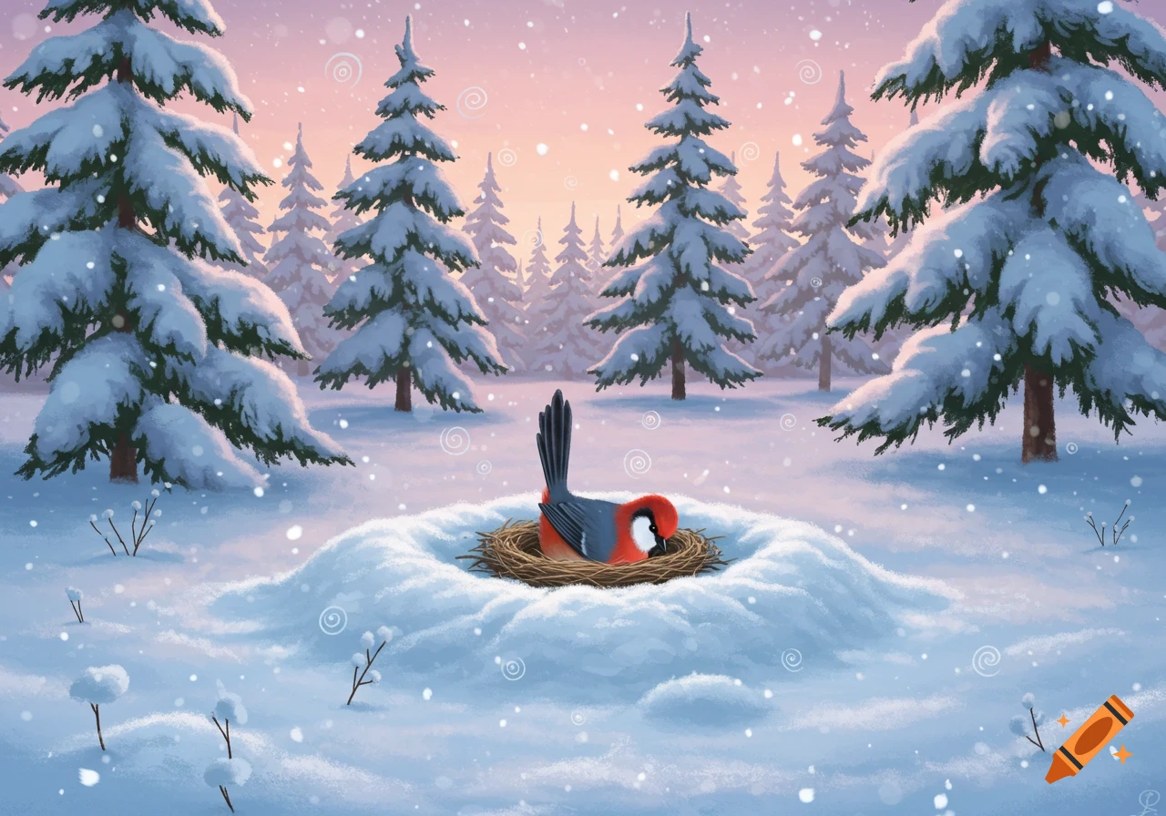 A whimsical illustration of a red and grey bird in a snow-covered nest in a snowy forest at sunset.