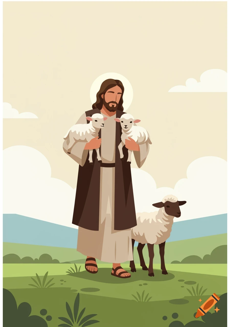 Jesus, the Good Shepherd, holds two baby lambs while another lamb walks beside him in a serene, flat illustration.