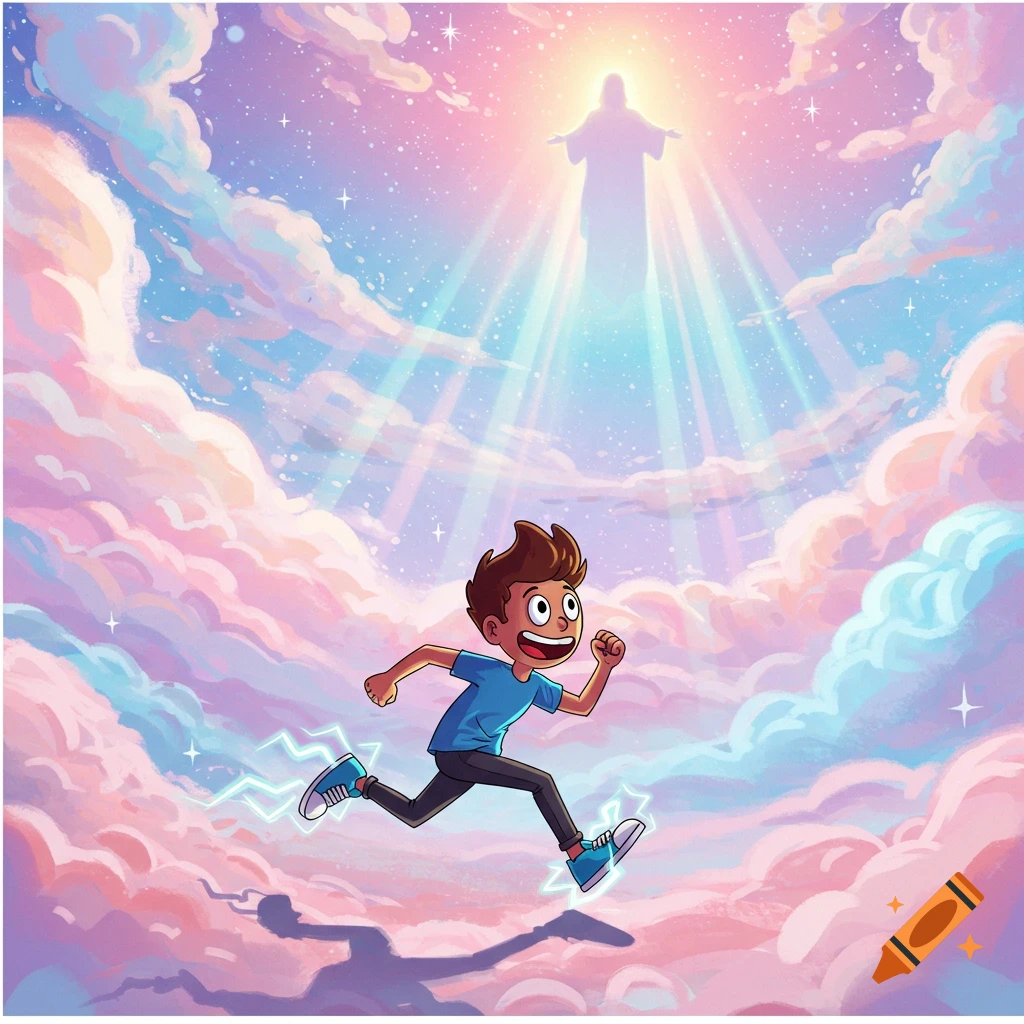 A cartoon boy runs quickly across colorful clouds towards a glowing silhouette of Jesus in a starry sky.