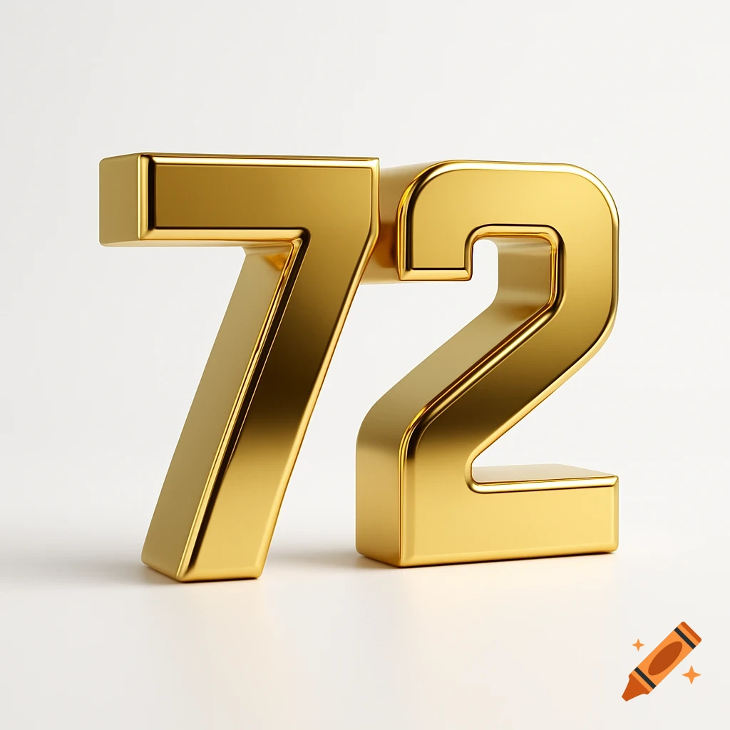 Golden 3D number 72 on a white background, photorealistic style.