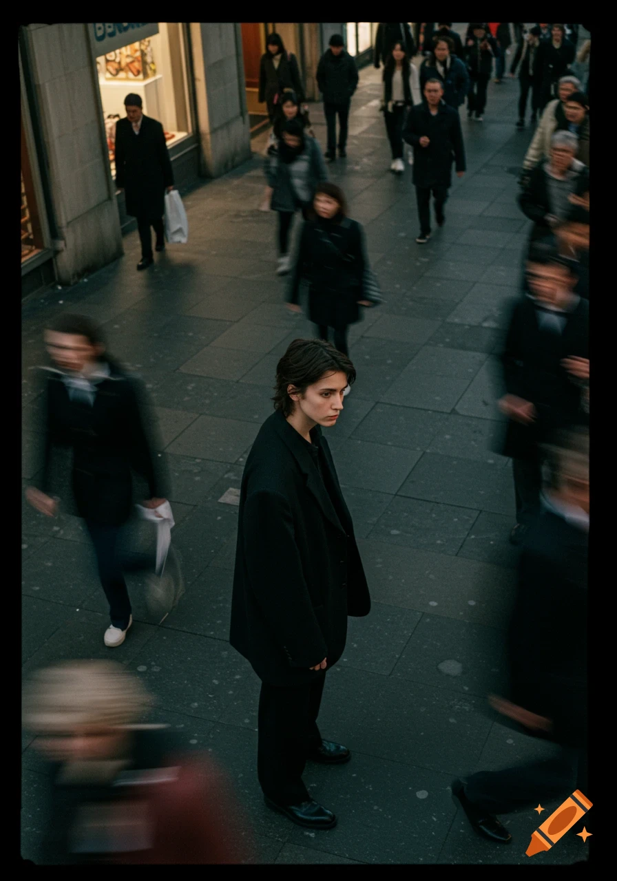 Cinematic high-angle shot of a person in a dark oversized blazer standing still on a city sidewalk as a motion-blurred crowd rushes past.