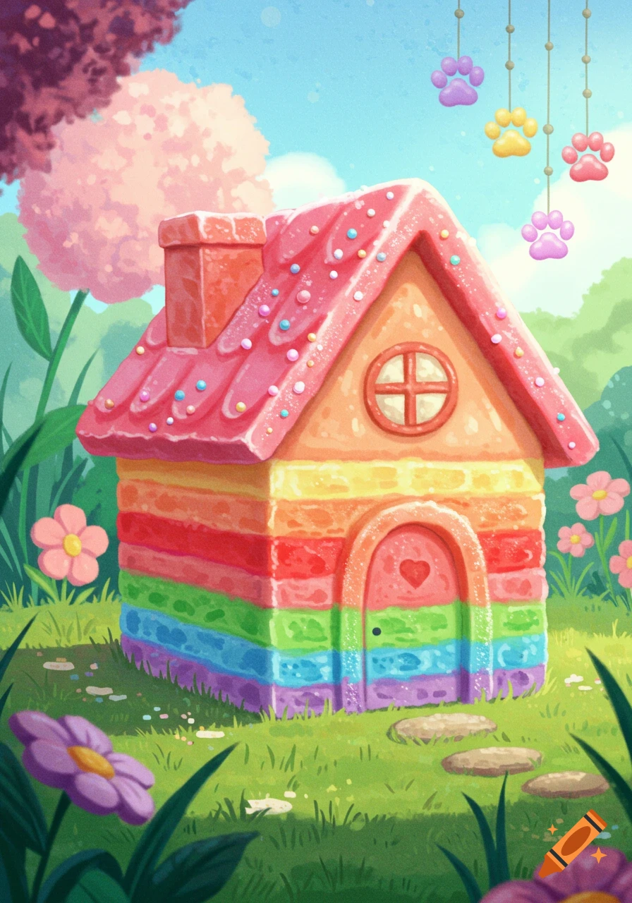 A whimsical rainbow candy house with a pink sprinkle roof in a green field with flowers and hanging paw print decorations.