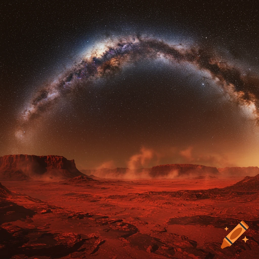 A vast red Martian landscape with rocky terrain and cliffs under a dark night sky filled with countless stars and the arching Milky Way galaxy.