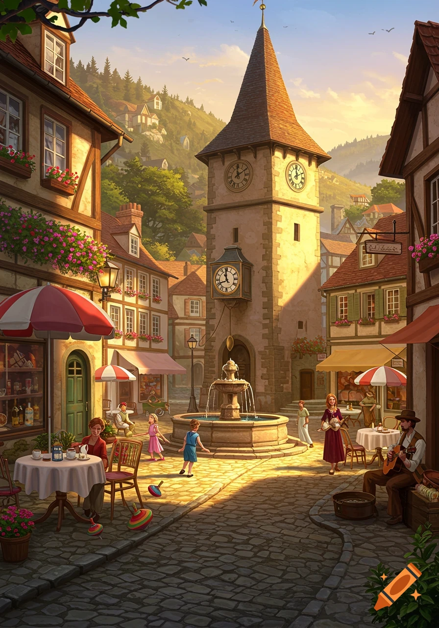An illustrated European town square scene with a tall clock tower and fountain, surrounded by buildings, cafes, and people enjoying the sunny day.