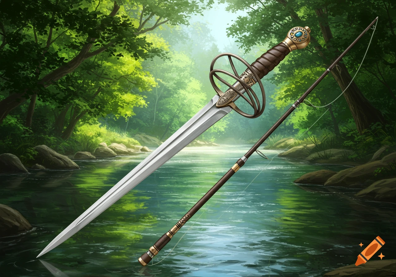 A fantasy-style rapier and a fishing rod are combined, floating above a clear forest stream with lush green trees.