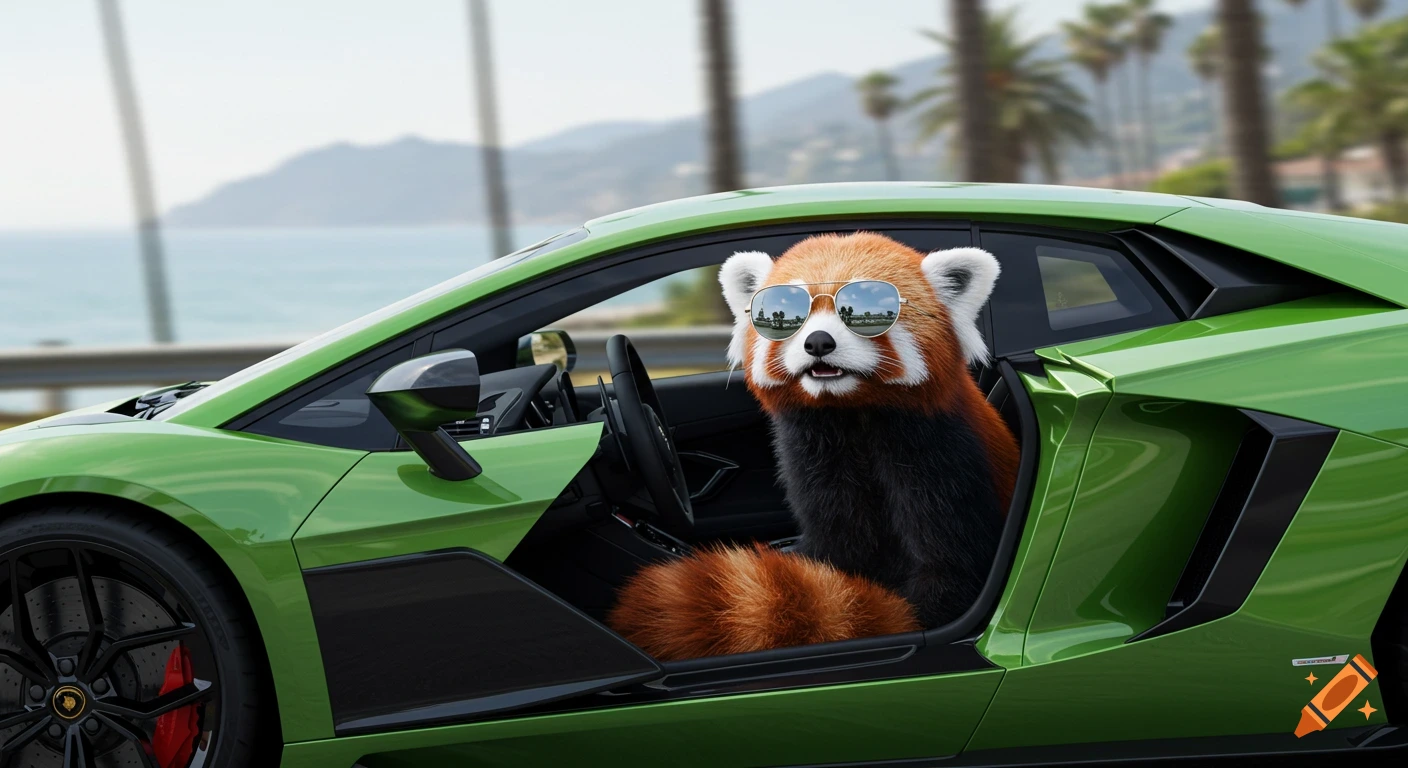 Photorealistic red panda in mirrored sunglasses driving a green Lamborghini on a scenic coastal road.
