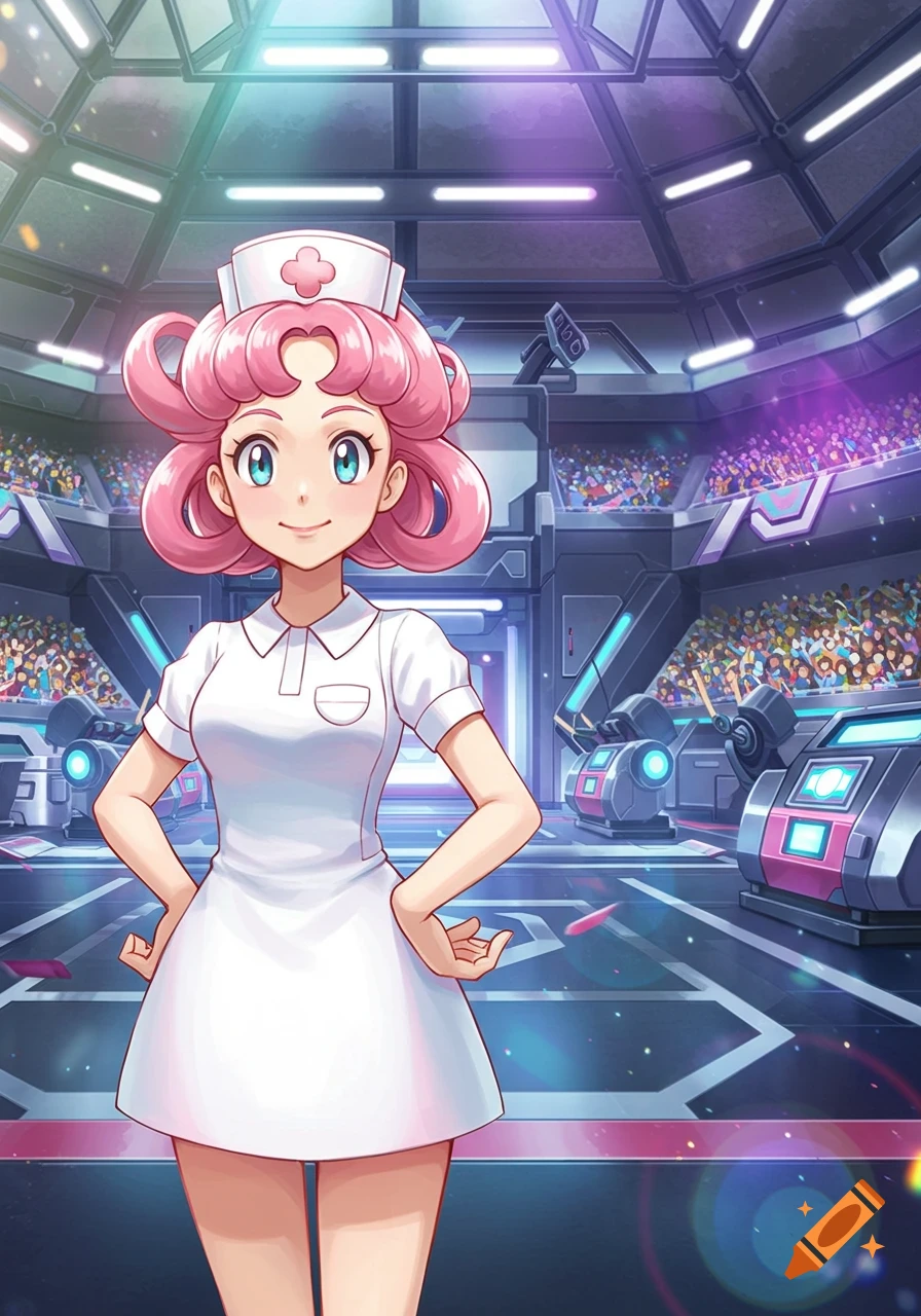 Anime-style Nurse Joy with pink hair and a white uniform stands in a futuristic gym with a cheering crowd.