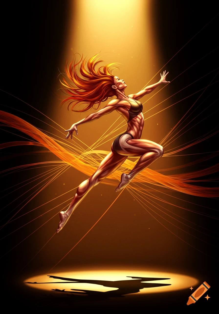 A muscular woman with flowing red hair jumps in a spotlight, surrounded by orange light trails. Stylized illustration.