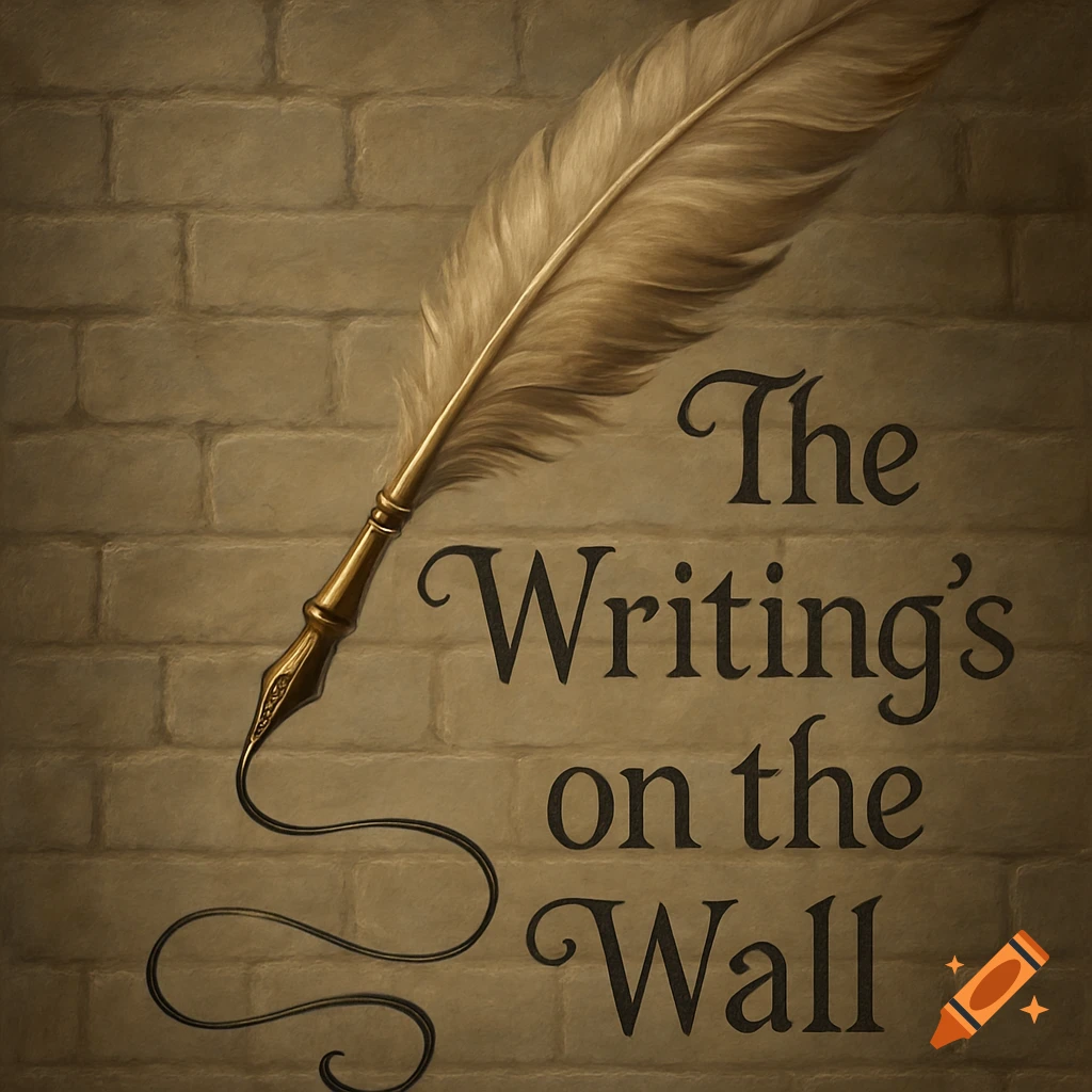 A vintage-style illustration of a quill pen writing 'The Writing's on the Wall' in black ink on a sepia-toned brick wall.
