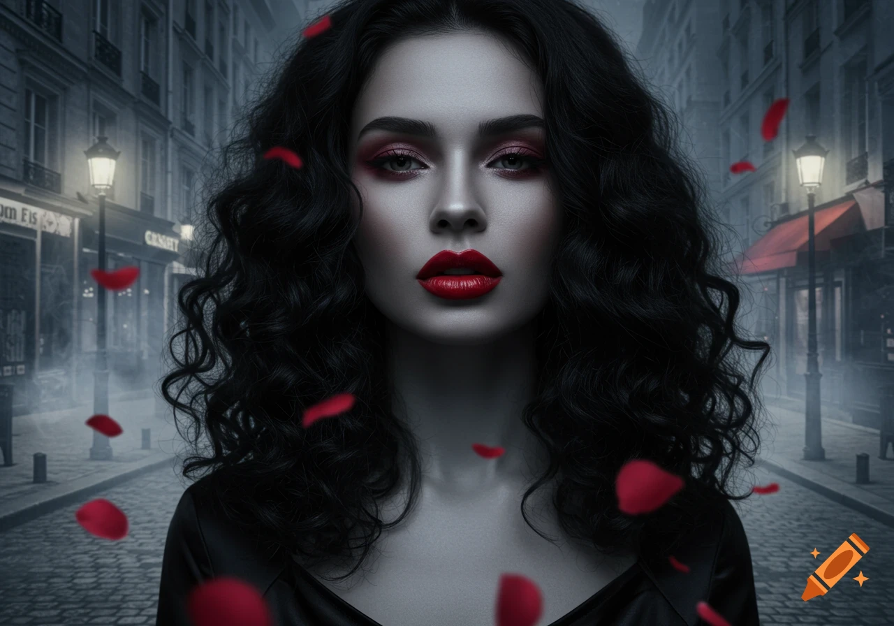 Photorealistic portrait of a woman with dark curly hair and red lipstick in a dark city street with falling red rose petals.