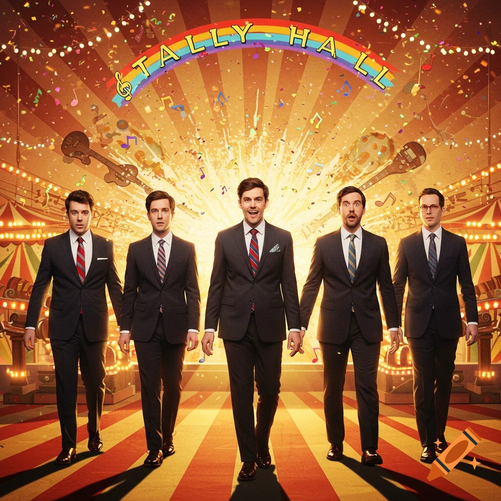 Five men in suits walk on a striped path with a bright carnival background, confetti, and a rainbow arch with 'TALLY HALL' written on it.