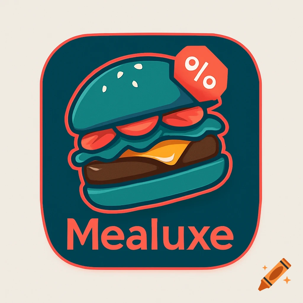 A stylized app icon featuring a teal burger with coral accents and the text 'Mealuxe' on a dark teal background.