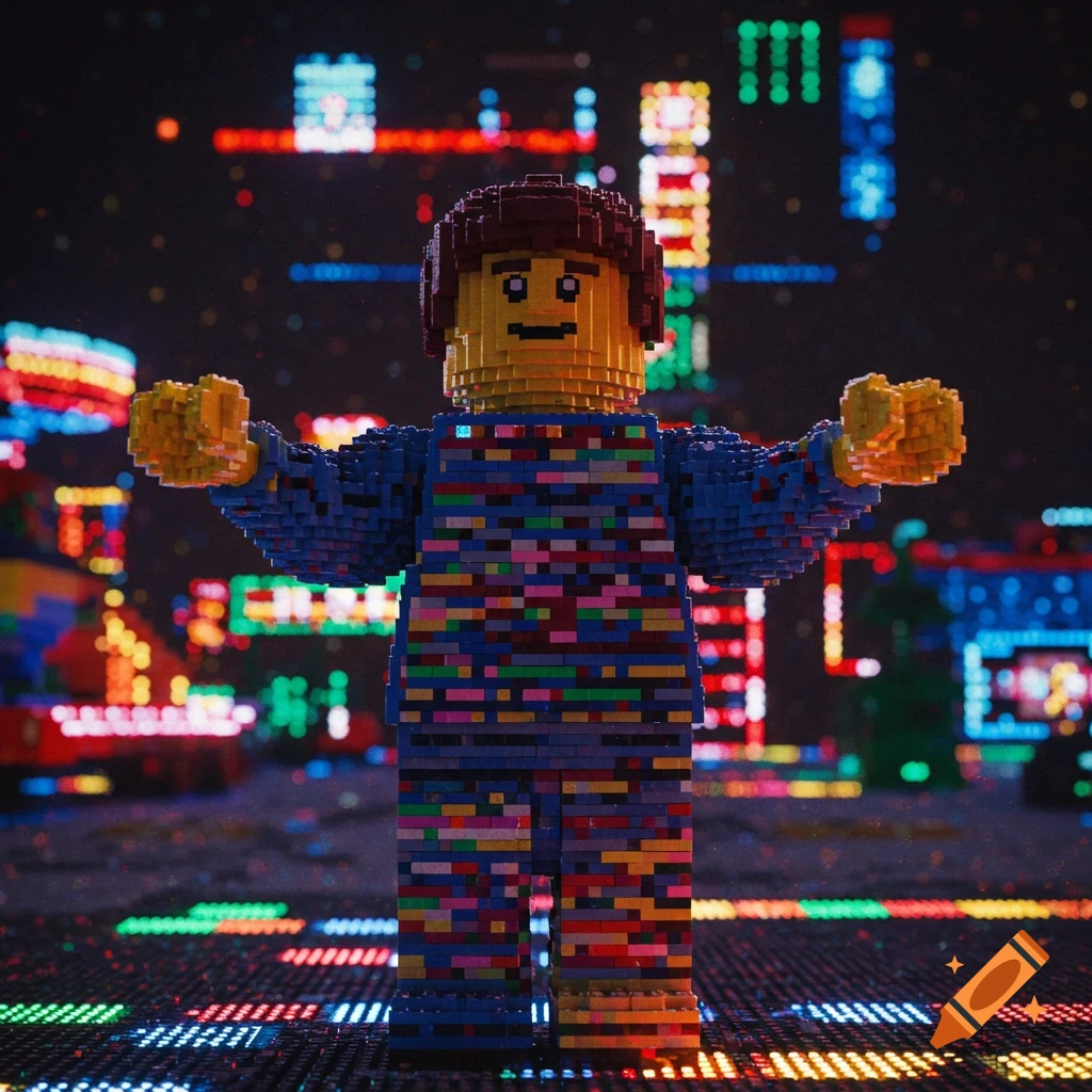 A colorful Lego figure stands in a dark environment illuminated by bright, pixelated lights.