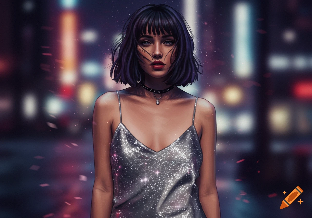 A stylish woman with dark bangs in a sparkly silver slip dress and choker stands against a blurred city night background, digital art.