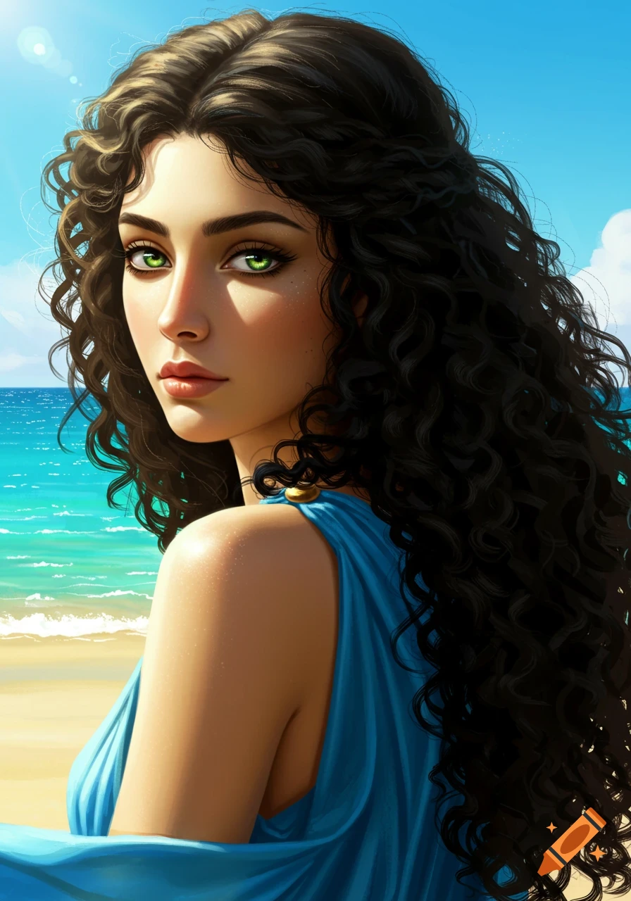 A beautiful woman with long dark curly hair and green eyes, wearing a blue chiton, gazes over a bright turquoise beach.