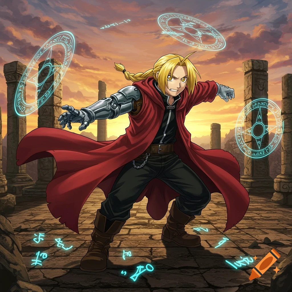 Edward Elric with an automail arm, in a red coat, stands amid ruins with glowing alchemical circles, anime style.