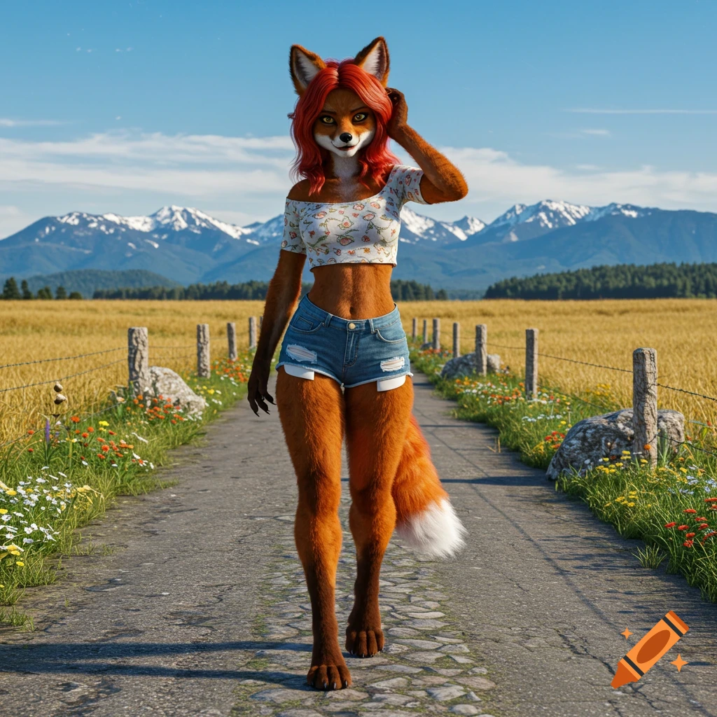 A redheaded fox-girl in a crop top and shorts stands on a country road with golden fields and distant snow-capped mountains under a clear sky.