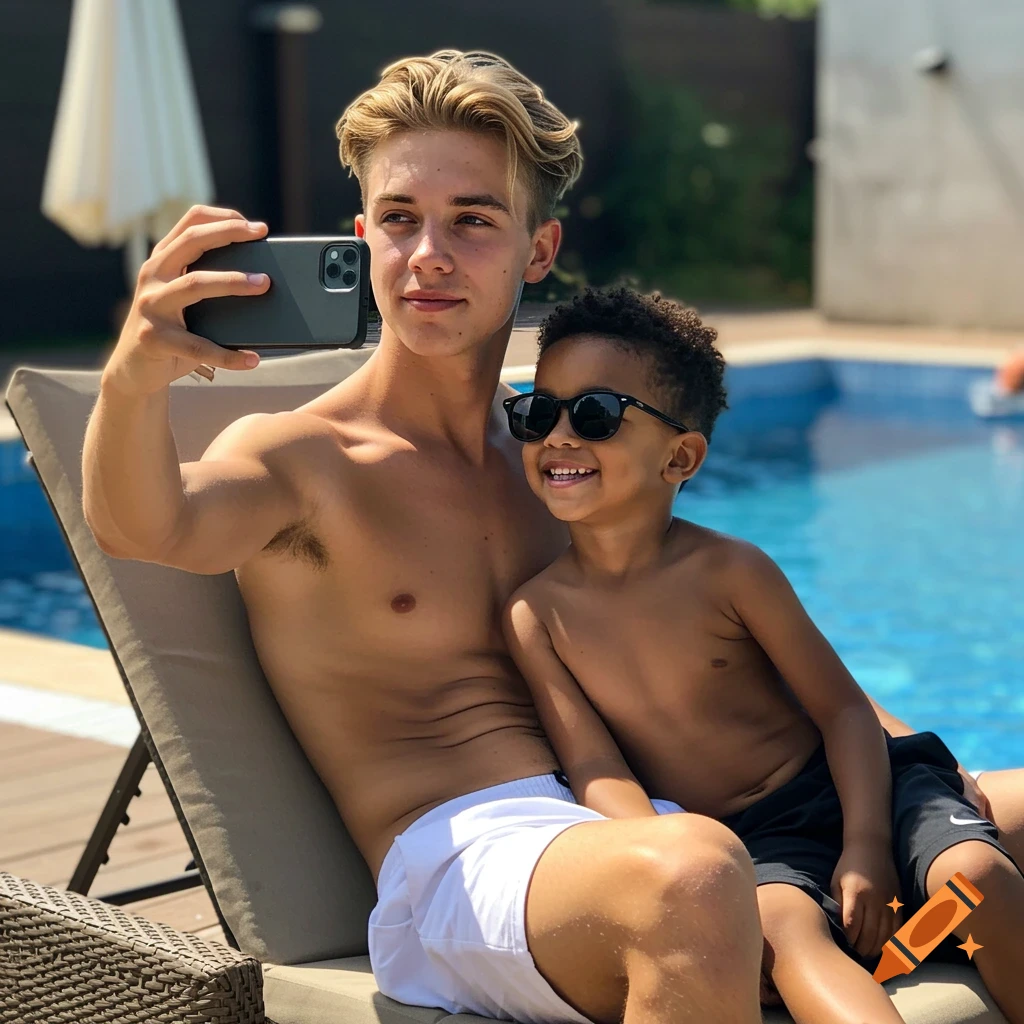 A young man with blonde hair taking a selfie with a smiling child wearing sunglasses by a swimming pool.