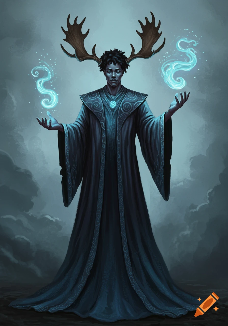 A dark fantasy illustration of a wizard with short curly hair and moose antlers, wearing blue robes, casting blue magic.