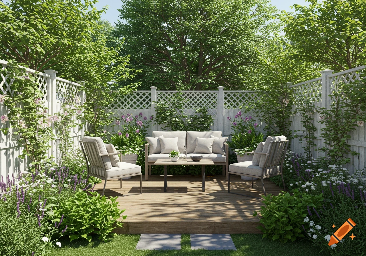 Photorealistic fenced garden with a wooden deck, sofa, and two chairs, surrounded by lush greenery and colorful flowers.