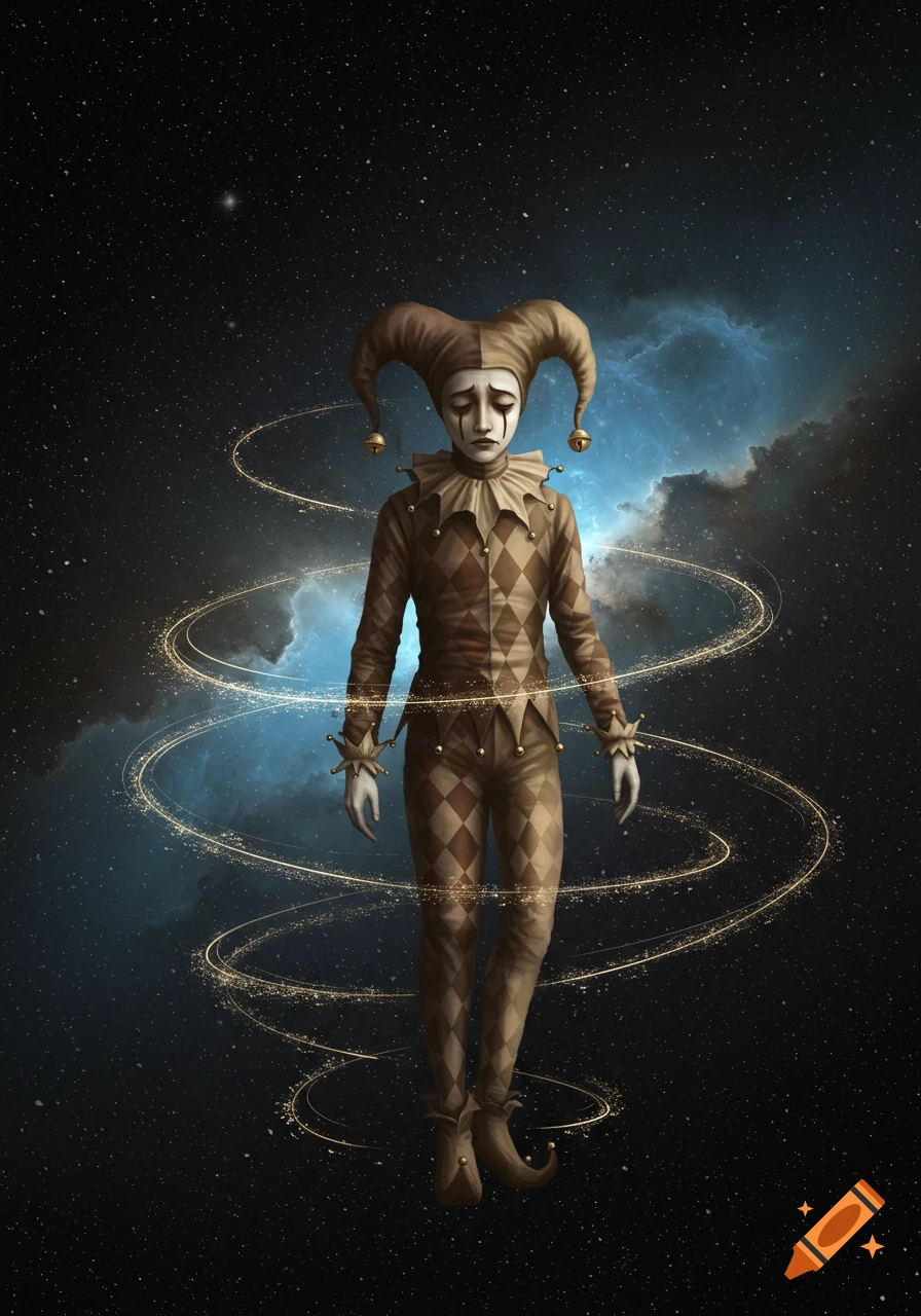 Sad jester in a diamond-patterned suit and hat floats in space with swirling golden light trails and a blue nebula.
