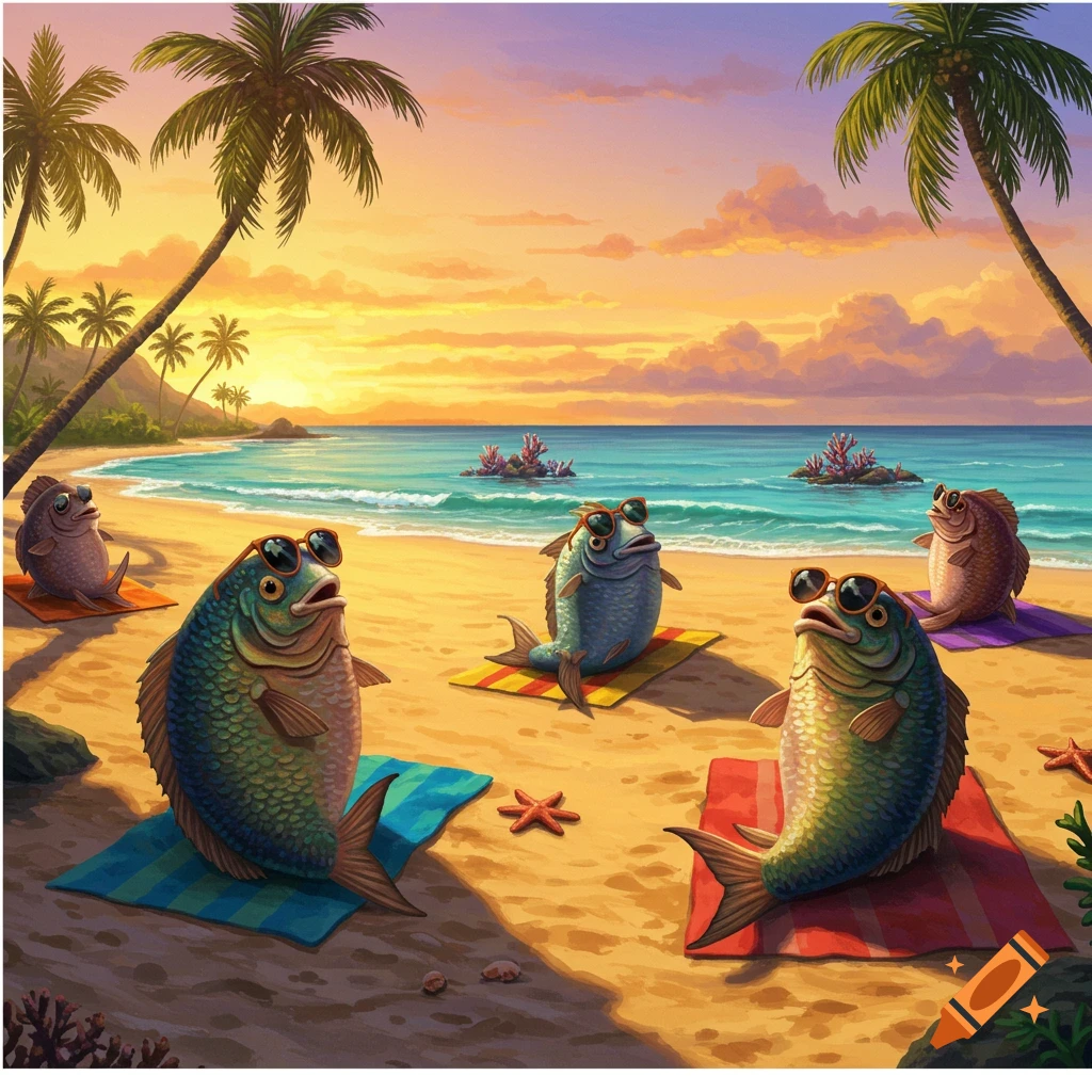 Cartoon fish wearing sunglasses sunbathe on towels on a sandy beach at sunset with palm trees.