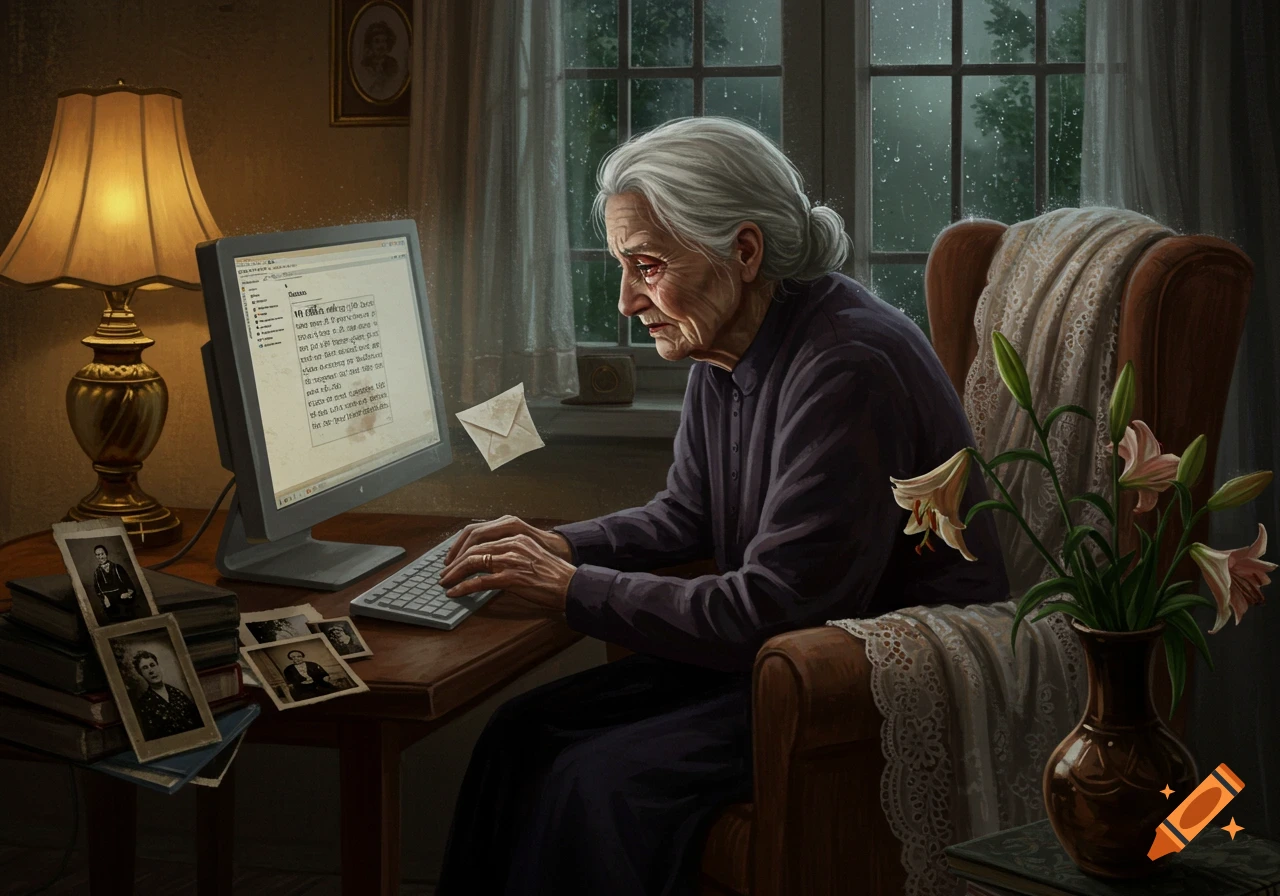 An elderly woman with white hair sits at a desk in a dimly lit room, crying while looking at a computer screen. Rain falls outside the window, and a lamp, old photos, and lilies are nearby.