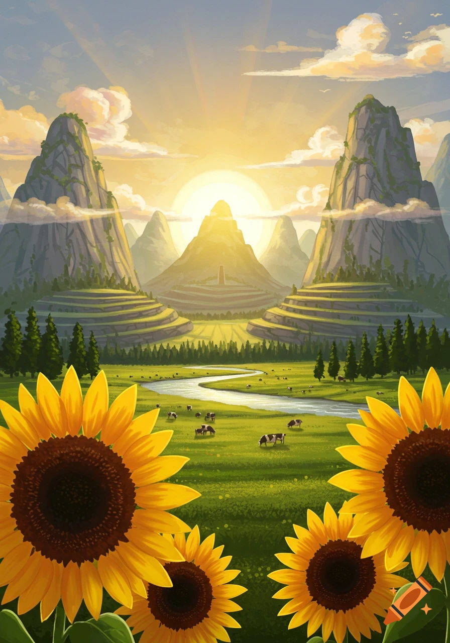 Vibrant illustration of a sunny landscape with sunflowers in the foreground, a river winding through green fields with cows, and majestic mountains under a bright sun.