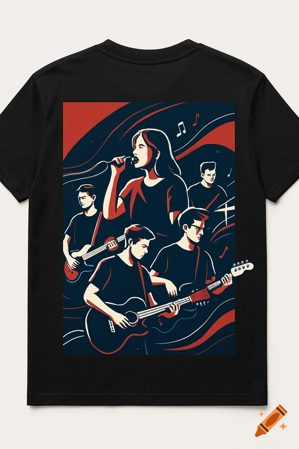 A graphic illustration of a band with a female singer and male musicians playing guitars and drums, in a red, navy, and white color scheme on a black t-shirt.