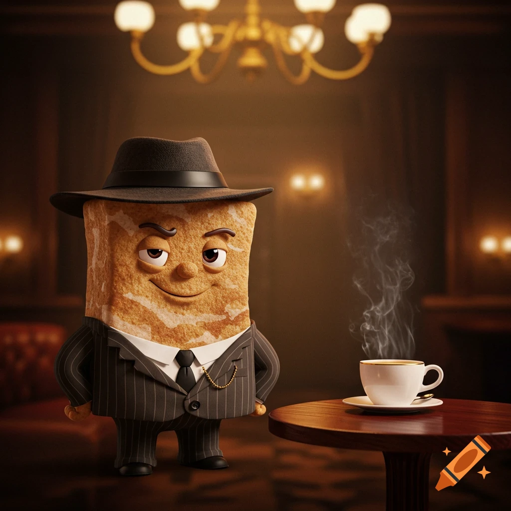 A cartoon cinnamon toast crunch square in a pinstripe suit and fedora, standing in a dim lounge with a steaming coffee cup.